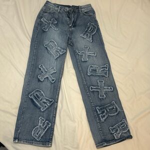 “Racerworld” Blue Denim patchworks Jeans with Distressed Lettering